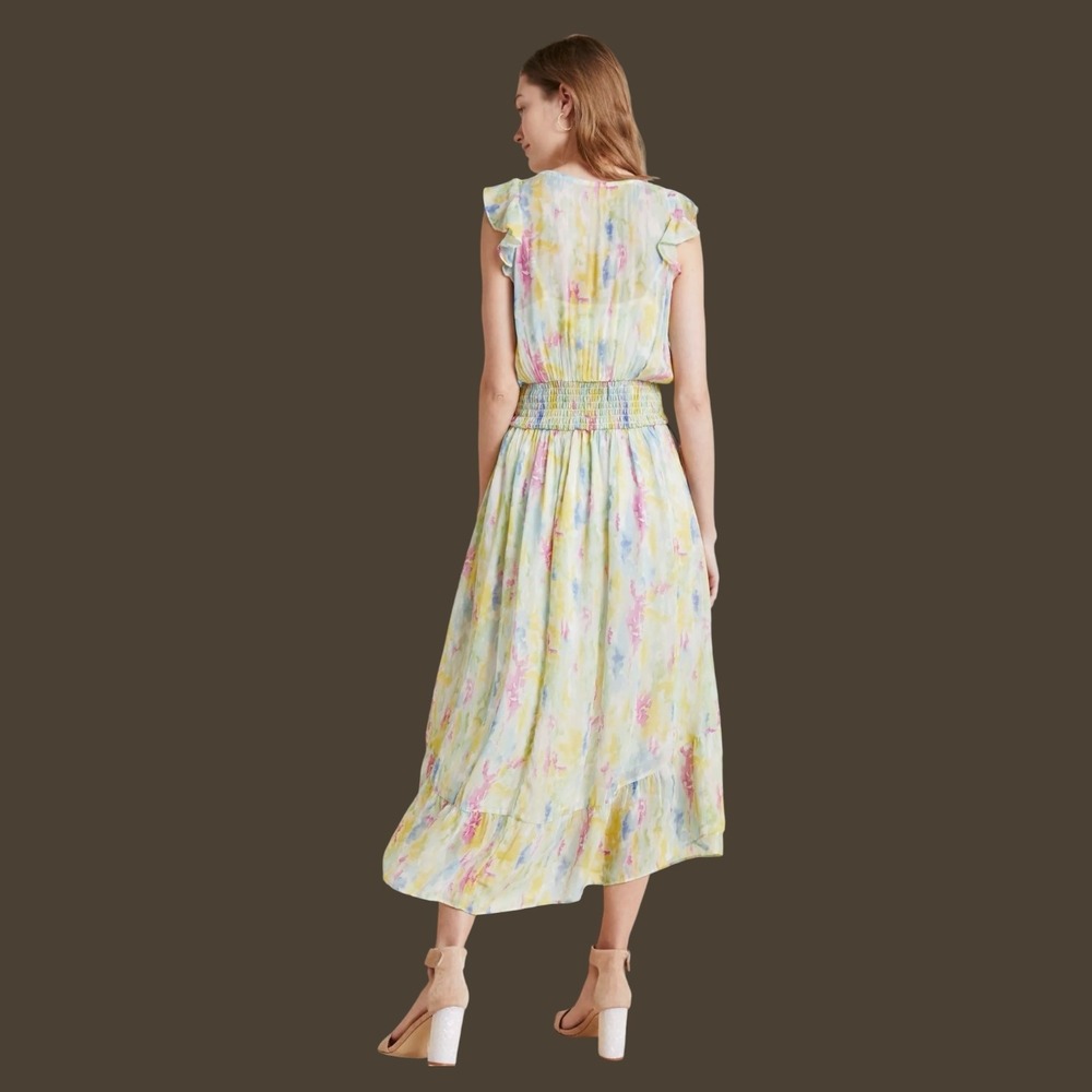 Anthropologie Watercolor Floral Maxi Dress Smocked Waist Flutter Sleeve Size 2 - Picture 3 of 14